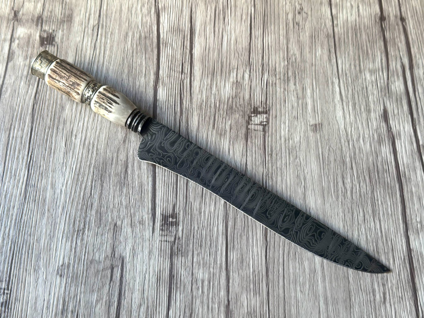 Damascus Knife, 10", Damascus Steel Blade, Deer Antler Handle, 370mm, DS10-056