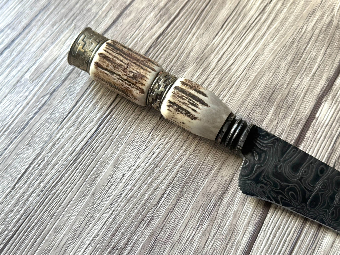 Damascus Knife, 10", Damascus Steel Blade, Deer Antler Handle, 370mm, DS10-056