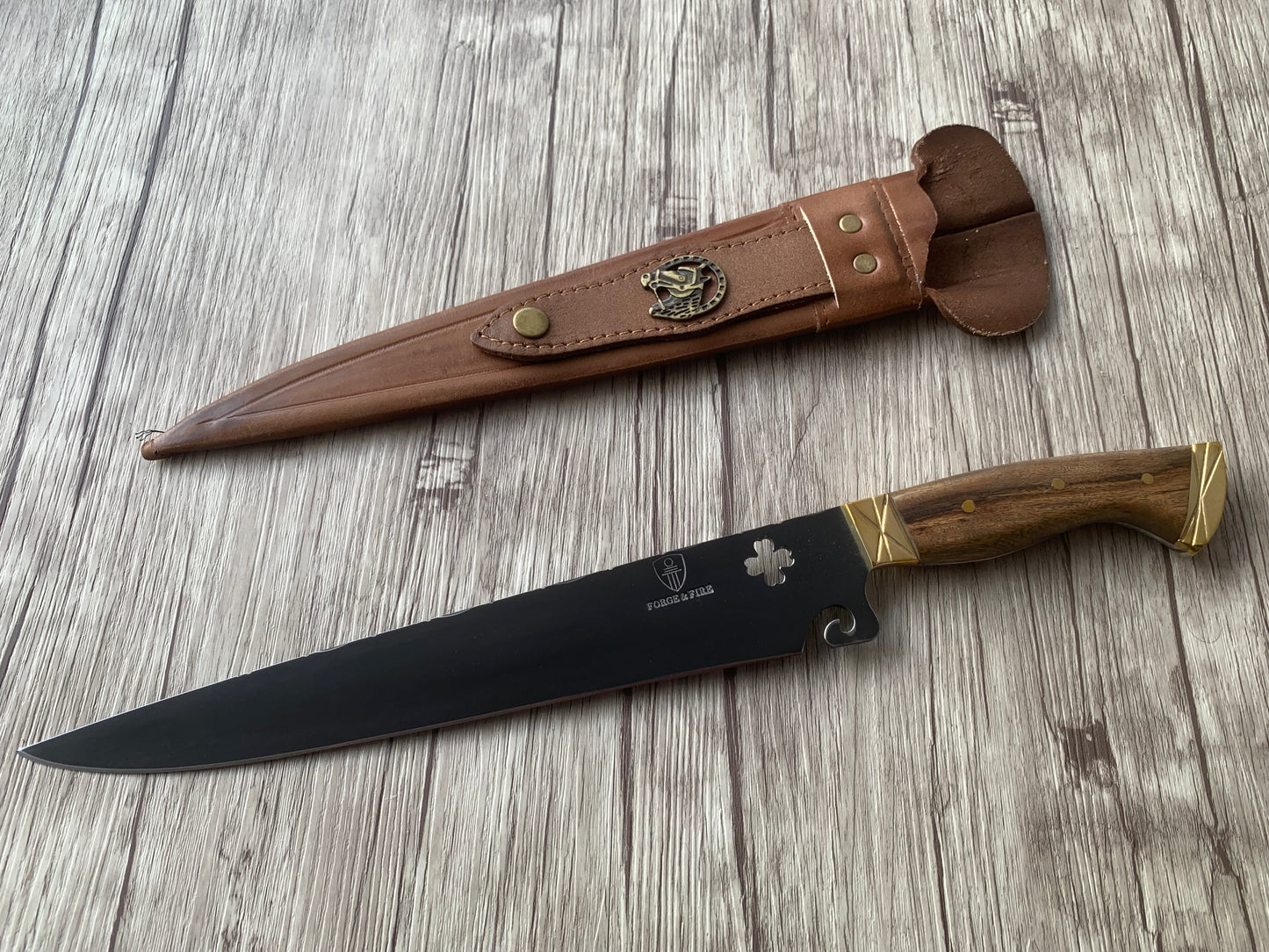 Clover Leaf BBQ Knife, 10" Carbon Steel Blade, Wood Handle, 410mm, CS10-011