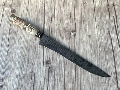 Damascus Knife, 10", Damascus Steel Blade, Deer Antler Handle, 370mm, DS10-056