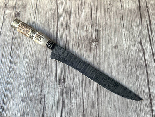 Damascus Knife, 10", Damascus Steel Blade, Deer Antler Handle, 370mm, DS10-056