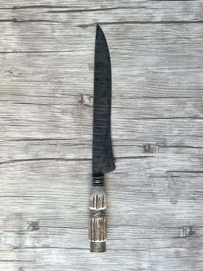 Damascus Knife, 10", Damascus Steel Blade, Deer Antler Handle, 370mm, DS10-056