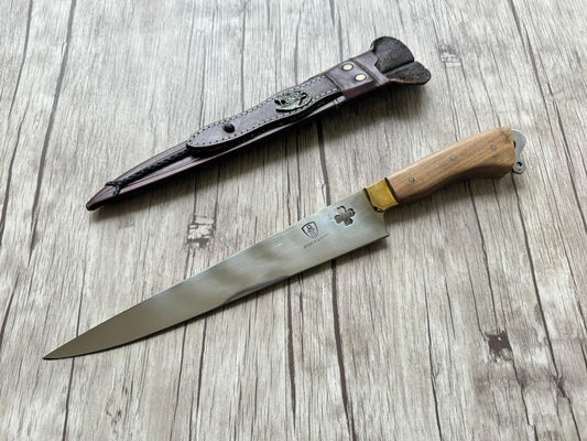 Clover Leaf BBQ Knife, 10" Carbon Steel Blade, Wood Handle, FullTang 410mm, SS10-011